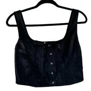 Wayf crop top snap button down sleeveless tank shirt black shimmer smocked back